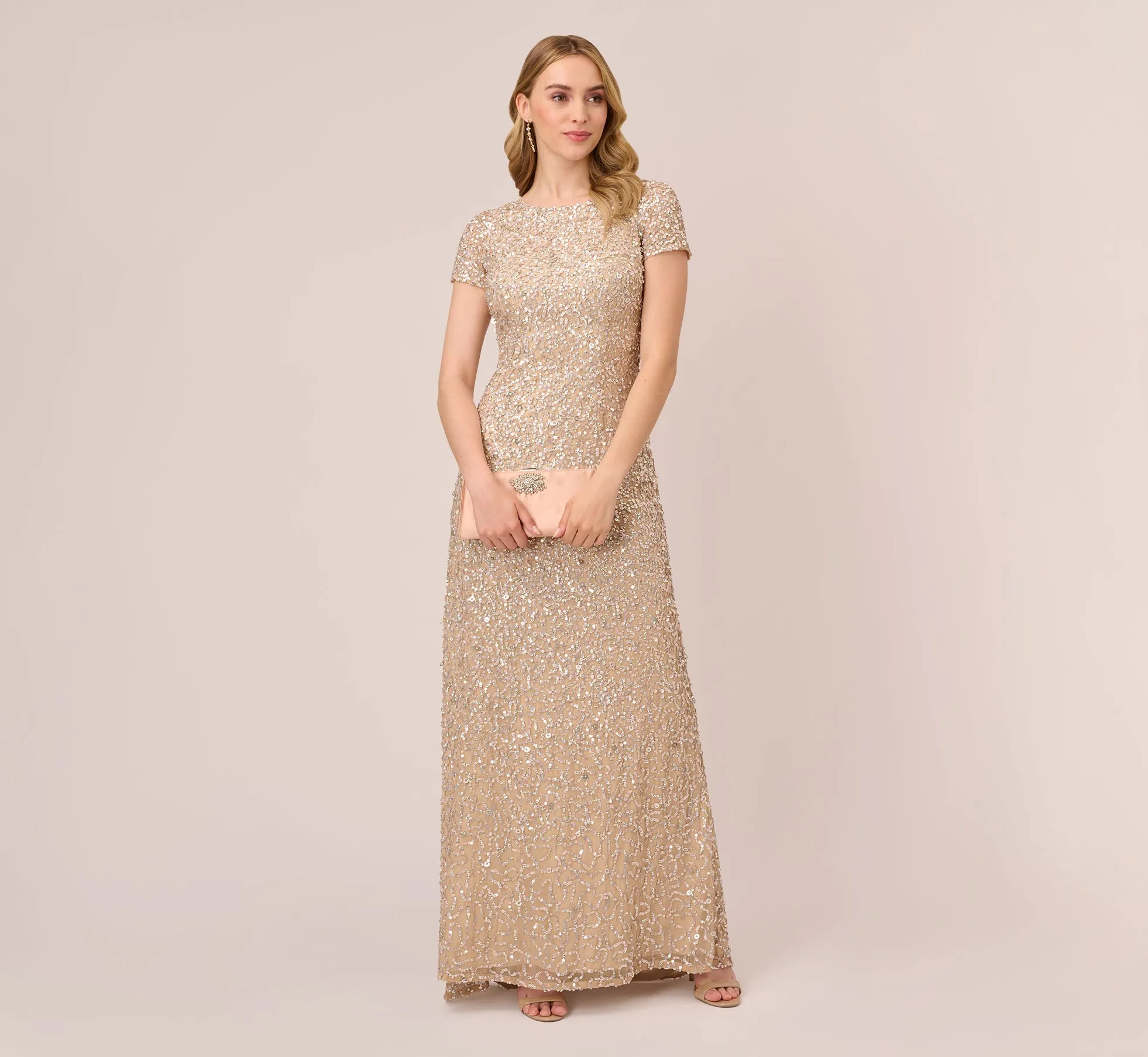 Scoop Back Sequin Gown In Champagne