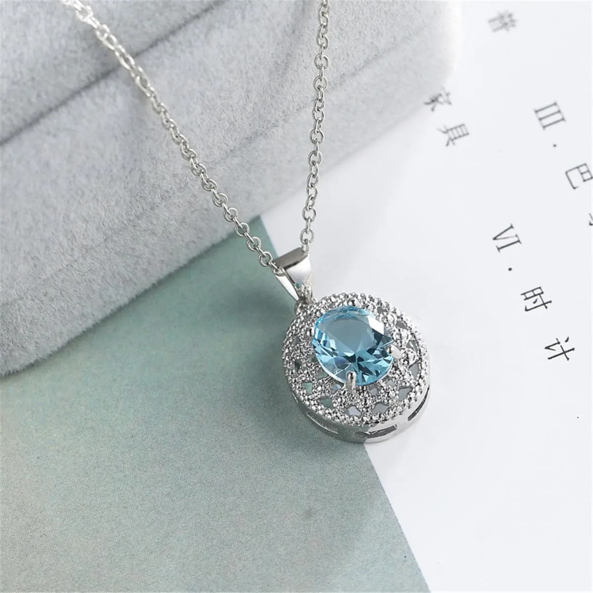 Sea Blue Crystal & Silver-Plated Oval Pendant Necklace