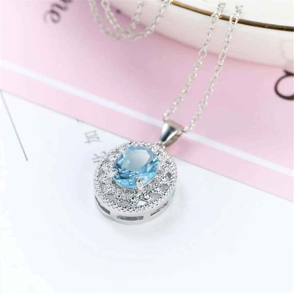 Sea Blue Crystal & Silver-Plated Oval Pendant Necklace