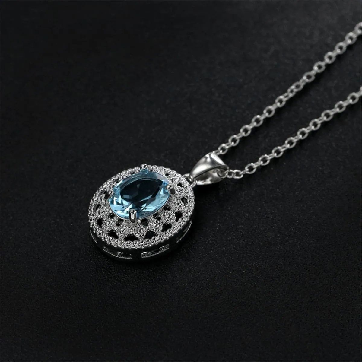 Sea Blue Crystal & Silver-Plated Oval Pendant Necklace