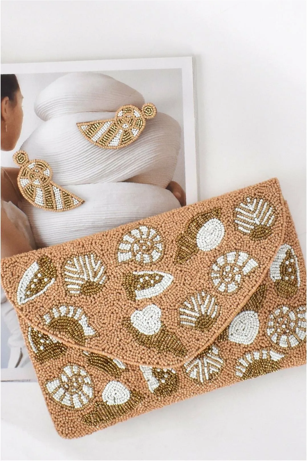 Sea Shells Flap Over Clutch Camel