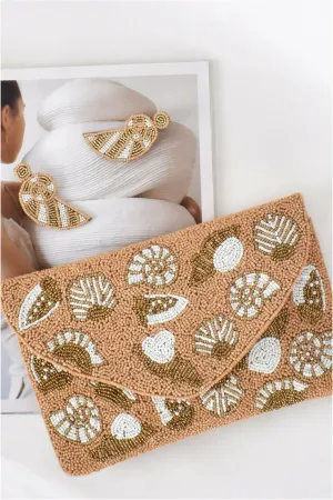 Sea Shells Flap Over Clutch Camel