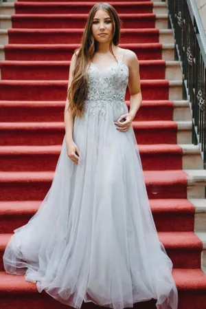Sexy A-line Spaghetti Strap Sweep Train Sleeveless Beading Backless Tulle Long Prom Dresses Evening Dresses OHC205