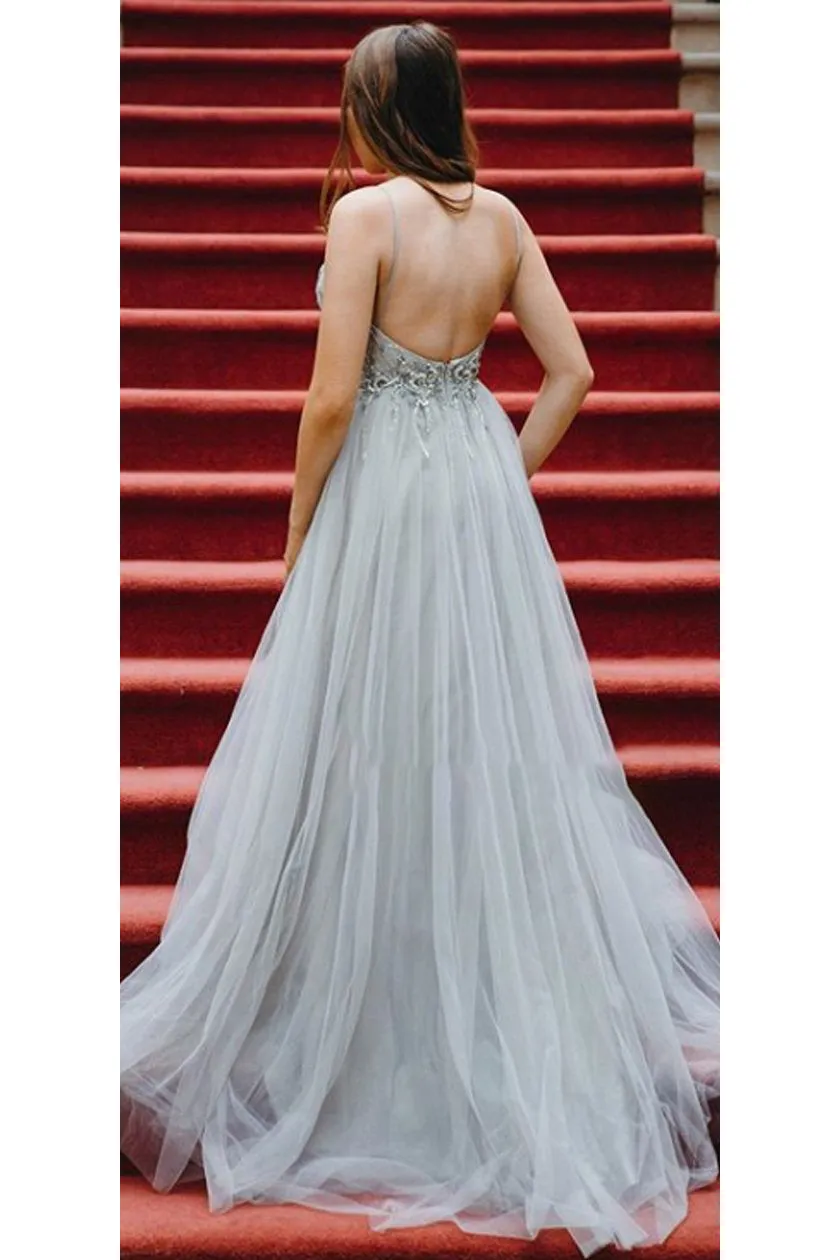Sexy A-line Spaghetti Strap Sweep Train Sleeveless Beading Backless Tulle Long Prom Dresses Evening Dresses OHC205