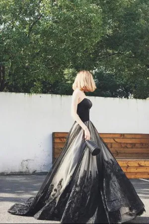Sexy A-line Sweep Train Black Sleeveless Long Prom Dress/Evening Dress with Appliques Beading OHC186
