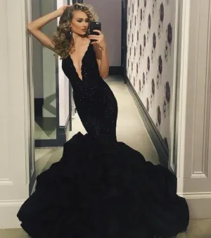 Sexy Black Illusion Plunge Neckline Mermaid Beaded Prom Dresses Evening Dresses