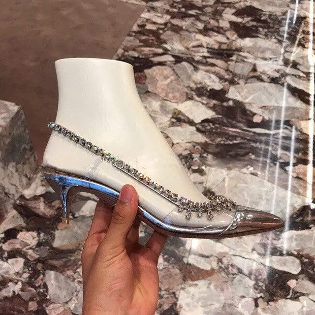 Sexy Bling Bling Crystal Wedding Shoes Bride PVC Rhinestone Patchwork Dress Pumps Pointed Toe Glittering Heels Pumps