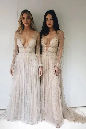 Sexy Deep V-Neck Illusion Long Sleeve Beaded Long Prom Dress CAT010
