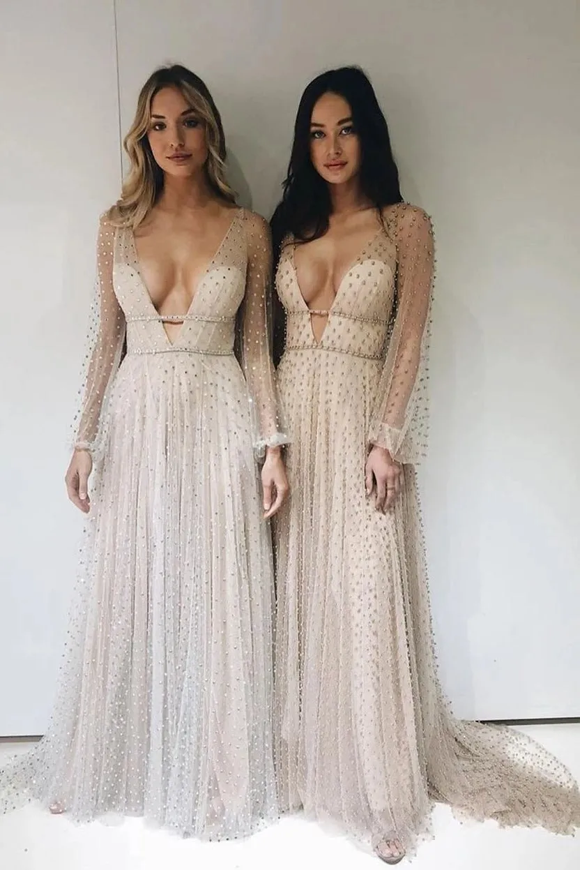 Sexy Deep V-Neck Illusion Long Sleeve Beaded Long Prom Dress CAT010