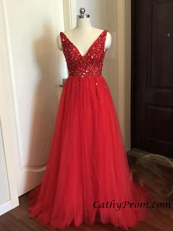 Sexy Deep V-neck Modest Tulle Beaded Long Prom Dress A Line Floor Length Prom Evening Gown HSC3314