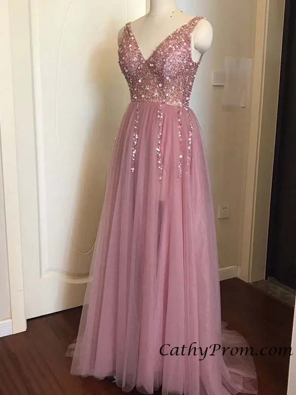 Sexy Deep V-neck Modest Tulle Beaded Long Prom Dress A Line Floor Length Prom Evening Gown HSC3314