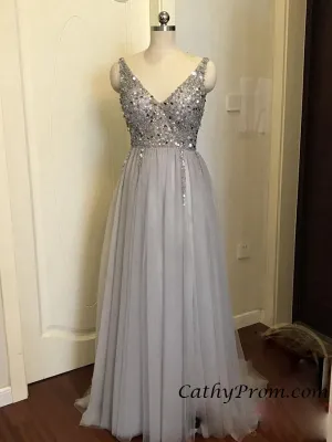 Sexy Deep V-neck Modest Tulle Beaded Long Prom Dress A Line Floor Length Prom Evening Gown HSC3314