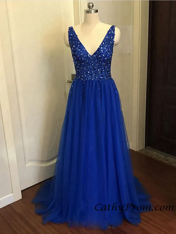 Sexy Deep V-neck Modest Tulle Beaded Long Prom Dress A Line Floor Length Prom Evening Gown HSC3314