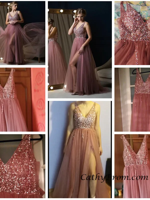 Sexy Deep V-neck Modest Tulle Beaded Long Prom Dress A Line Floor Length Prom Evening Gown HSC3314