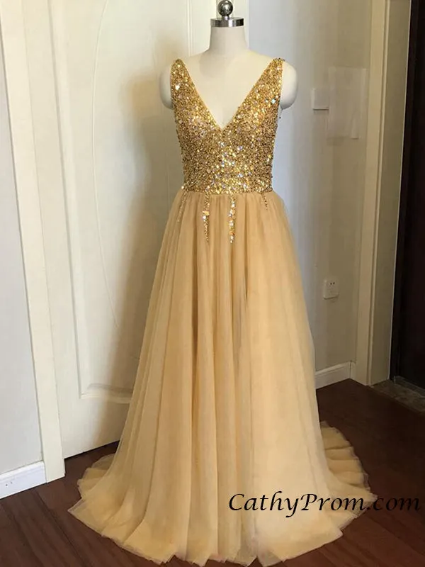 Sexy Deep V-neck Modest Tulle Beaded Long Prom Dress A Line Floor Length Prom Evening Gown HSC3314