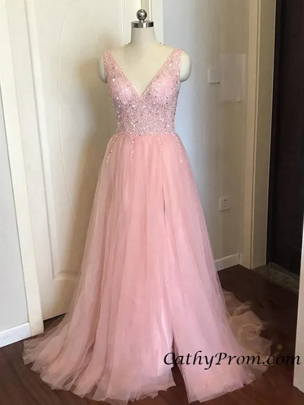 Sexy Deep V-neck Modest Tulle Beaded Long Prom Dress A Line Floor Length Prom Evening Gown HSC3314