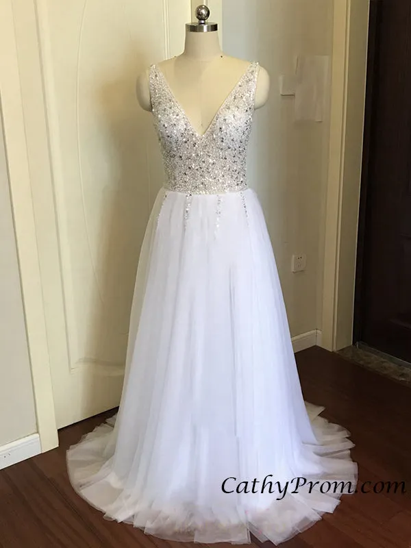Sexy Deep V-neck Modest Tulle Beaded Long Prom Dress A Line Floor Length Prom Evening Gown HSC3314
