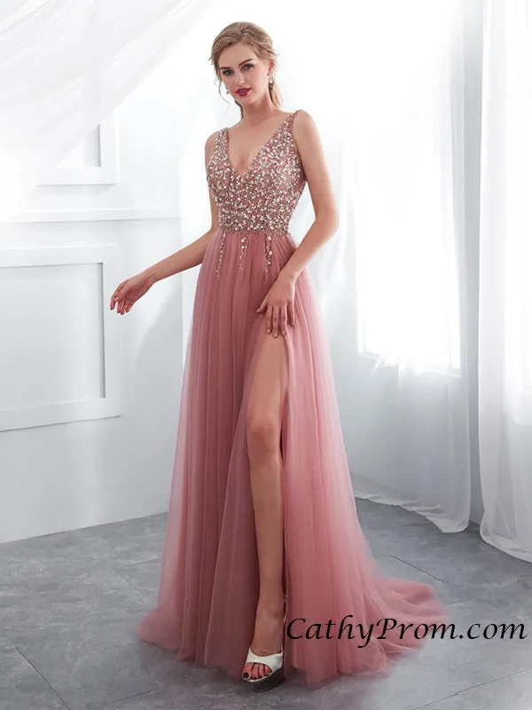 Sexy Deep V-neck Modest Tulle Beaded Long Prom Dress A Line Floor Length Prom Evening Gown HSC3314