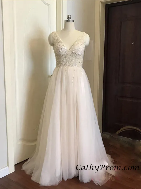 Sexy Deep V-neck Modest Tulle Beaded Long Prom Dress A Line Floor Length Prom Evening Gown HSC3314