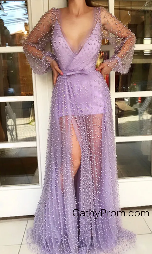 Sexy Deep V-neck Purple Prom Dress Charming Pearl Long Sleeve Prom/Evening Gown with Slit HSC2214