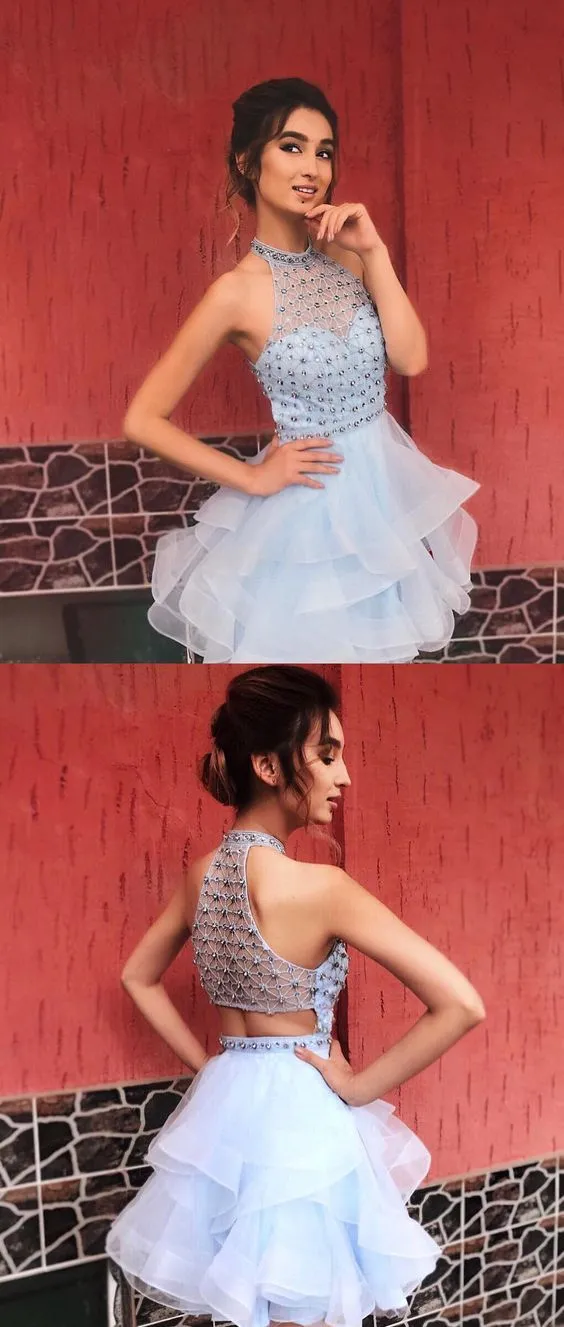 Sexy Homecoming Dress A-line Halter Rhinestone Light Sky Blue Short Prom Dress Party Dress OHM160