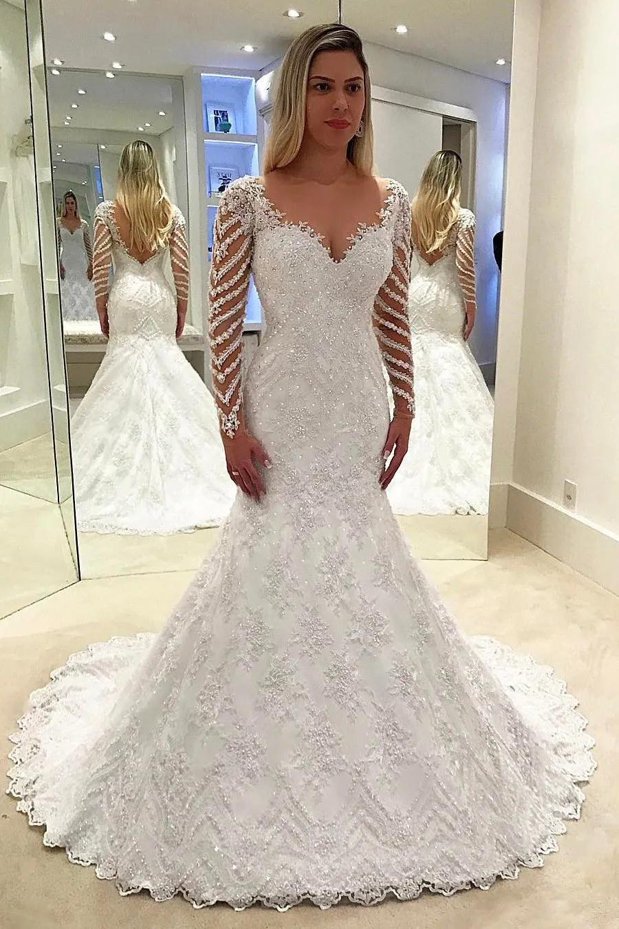 Sexy Mermaid V neck Long Sleeve Sweep Train Lace Beading Bridal Gown Wedding Dresses OHD146