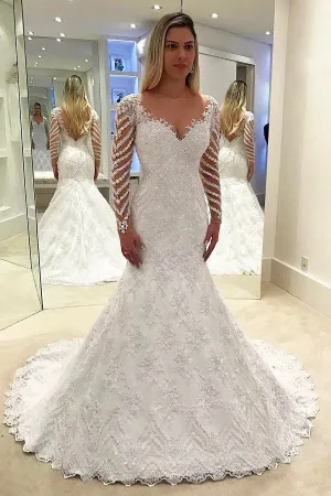 Sexy Mermaid V neck Long Sleeve Sweep Train Lace Beading Bridal Gown Wedding Dresses OHD146