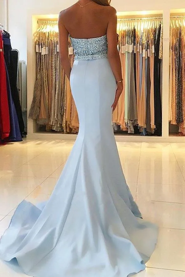 Sexy Mermaid/Trumpet Sweetheart Sleeveless Beaded Long Satin Prom Dresses OHC261