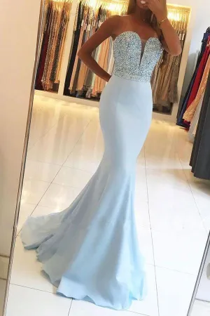 Sexy Mermaid/Trumpet Sweetheart Sleeveless Beaded Long Satin Prom Dresses OHC261