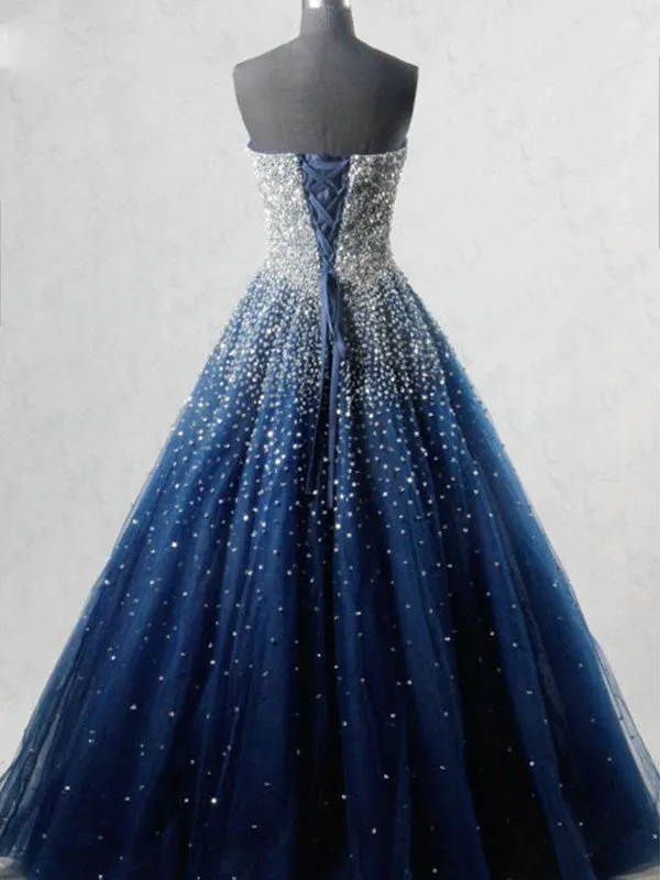 Sexy Strapless Ball Gown Amazing Beaded Prom Dress Navy Modest Tulle Prom/Evening Dress SM1172