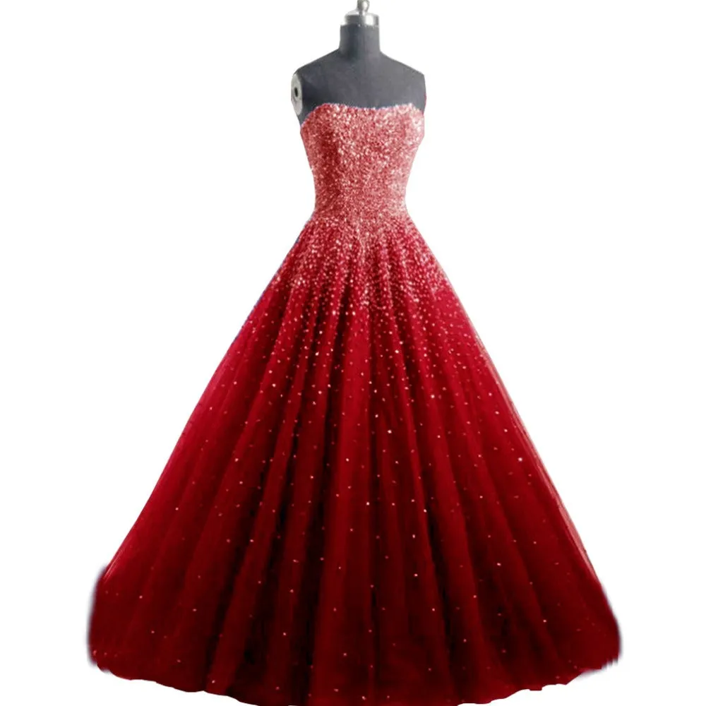 Sexy Strapless Ball Gown Amazing Beaded Prom Dress Navy Modest Tulle Prom/Evening Dress SM1172