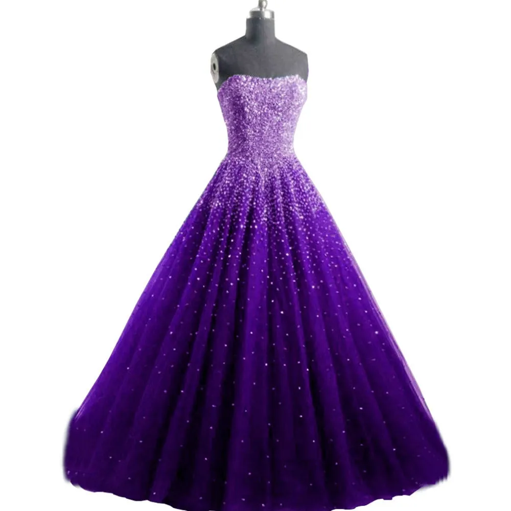 Sexy Strapless Ball Gown Amazing Beaded Prom Dress Navy Modest Tulle Prom/Evening Dress SM1172