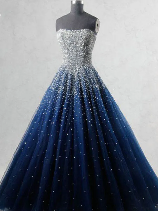 Sexy Strapless Ball Gown Amazing Beaded Prom Dress Navy Modest Tulle Prom/Evening Dress SM1172