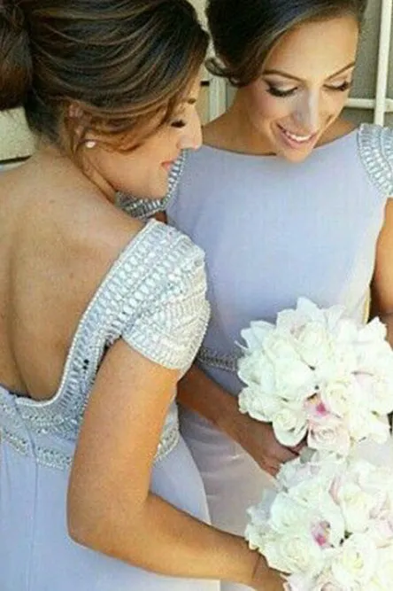 Sheath Bateau Cap Sleeves Backless Bridesmaid Dress with Beading OHS035