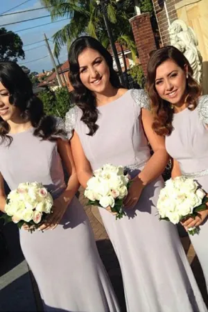 Sheath Bateau Cap Sleeves Backless Bridesmaid Dress with Beading OHS035
