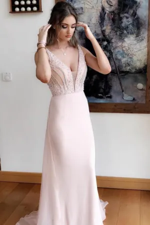 Sheath Deep V-Neck Sweep Train Pearl Pink Chiffon Prom Dress with Beading OHC099