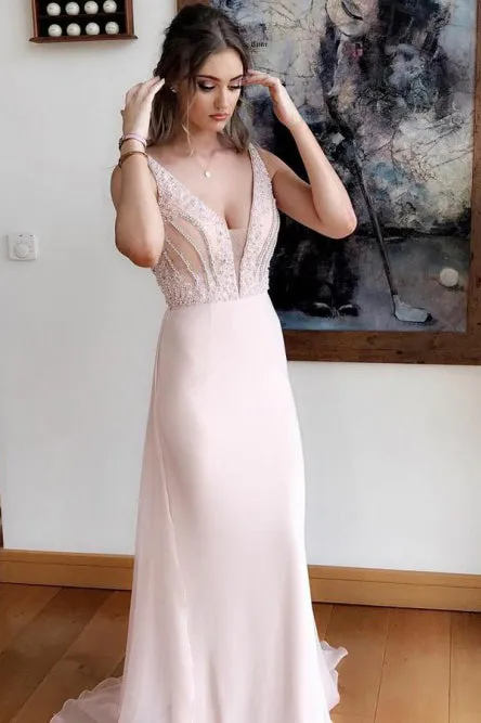 Sheath Deep V-Neck Sweep Train Pearl Pink Chiffon Prom Dress with Beading OHC099