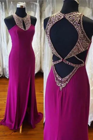 Sheath Jewel Open Back Sweep Train Split Fuchsia Prom Dress with Beading P88