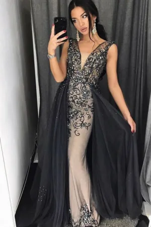Sheath V-Neck Over Skirt Sweep Train Grey Prom Dress with Appliques Beading OHC003