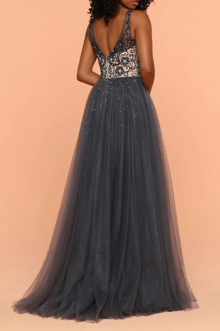 Sheath V-Neck Over Skirt Sweep Train Grey Prom Dress with Appliques Beading OHC003