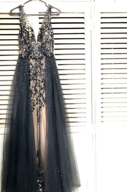 Sheath V-Neck Over Skirt Sweep Train Grey Prom Dress with Appliques Beading OHC003