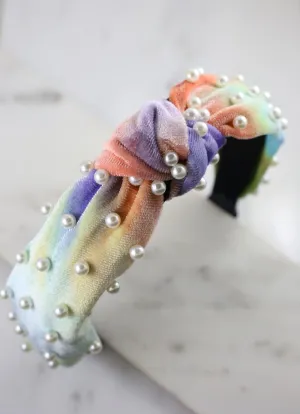 Sherbet Tie-Dye Headband with Pearl Accents in Multi