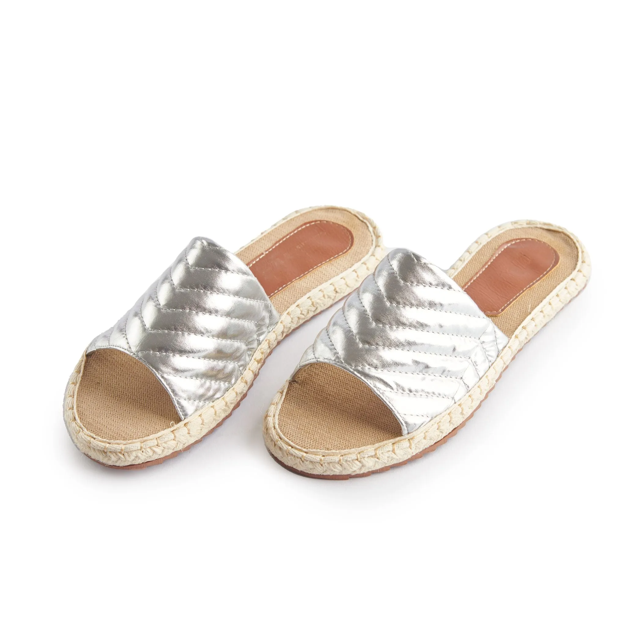 Shiny Stiched Stylish Espadrille-Like Slippers - Silver