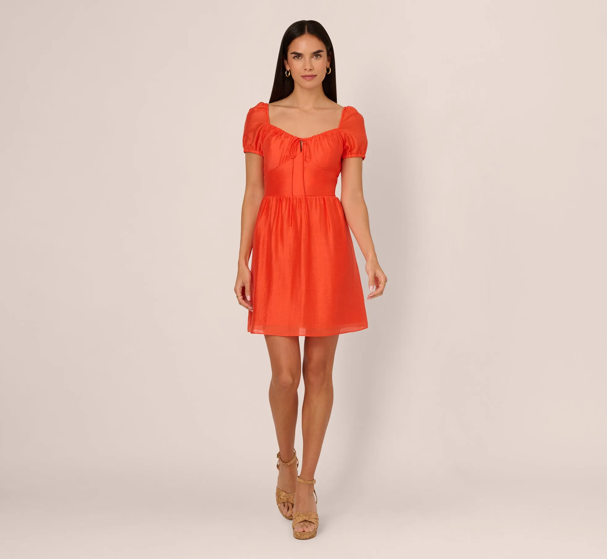 Shirred Fit And Flare Dress With Puff Short Sleeves In Orange Spice