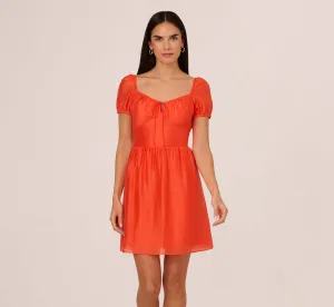 Shirred Fit And Flare Dress With Puff Short Sleeves In Orange Spice