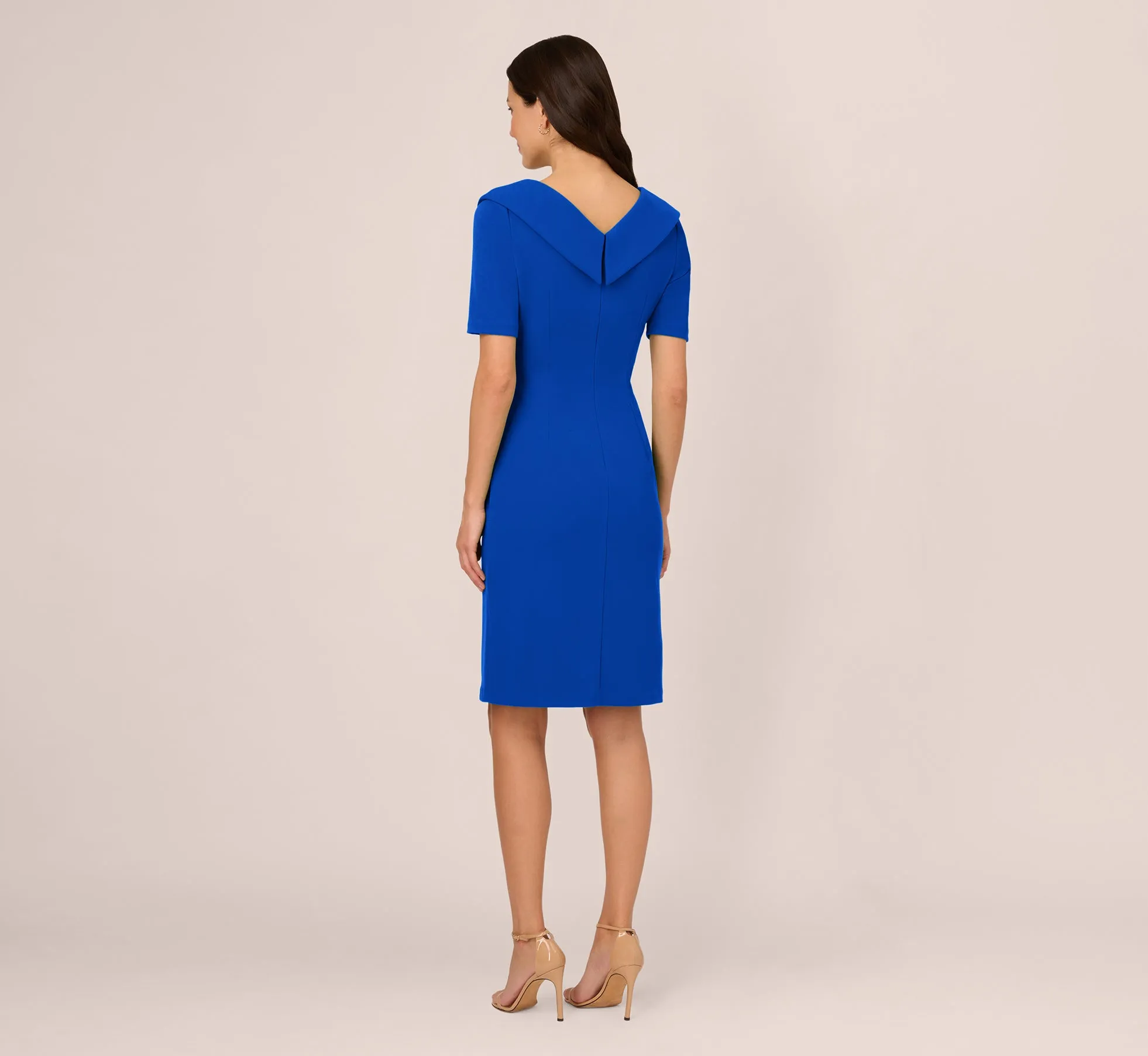 Short Sleeves Sheath Dress With Asymmetrical Neckline In Violet Cobalt