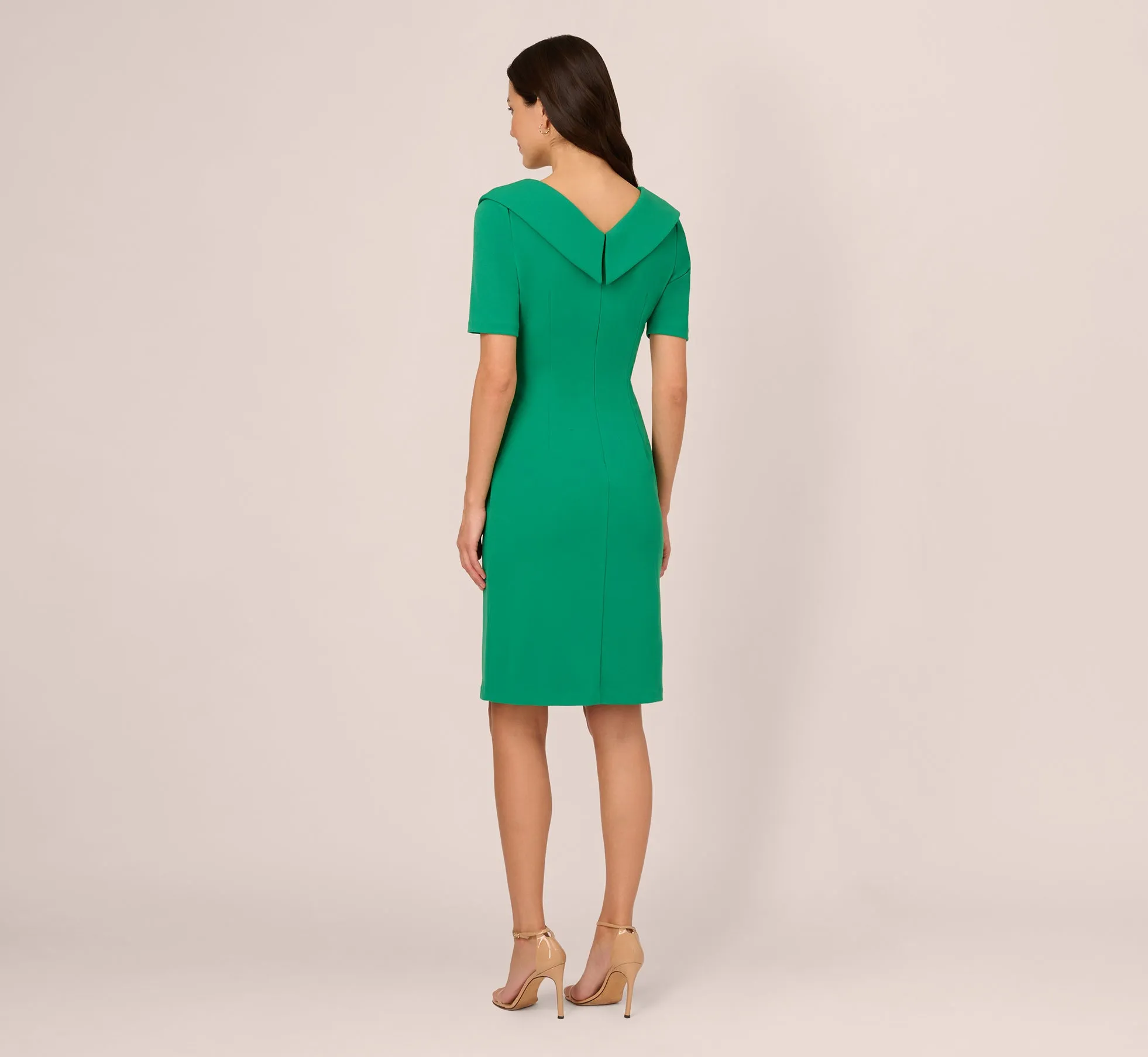 Short Sleeves Sheath Dress With Asymmetrical Neckline In Vivid Green
