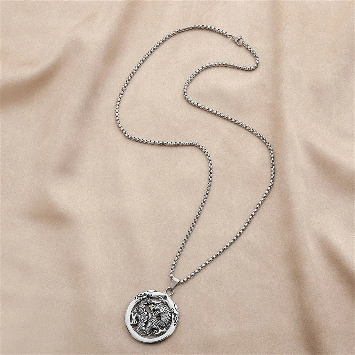 Silver-Plated Dragon Coin Pendant Necklace