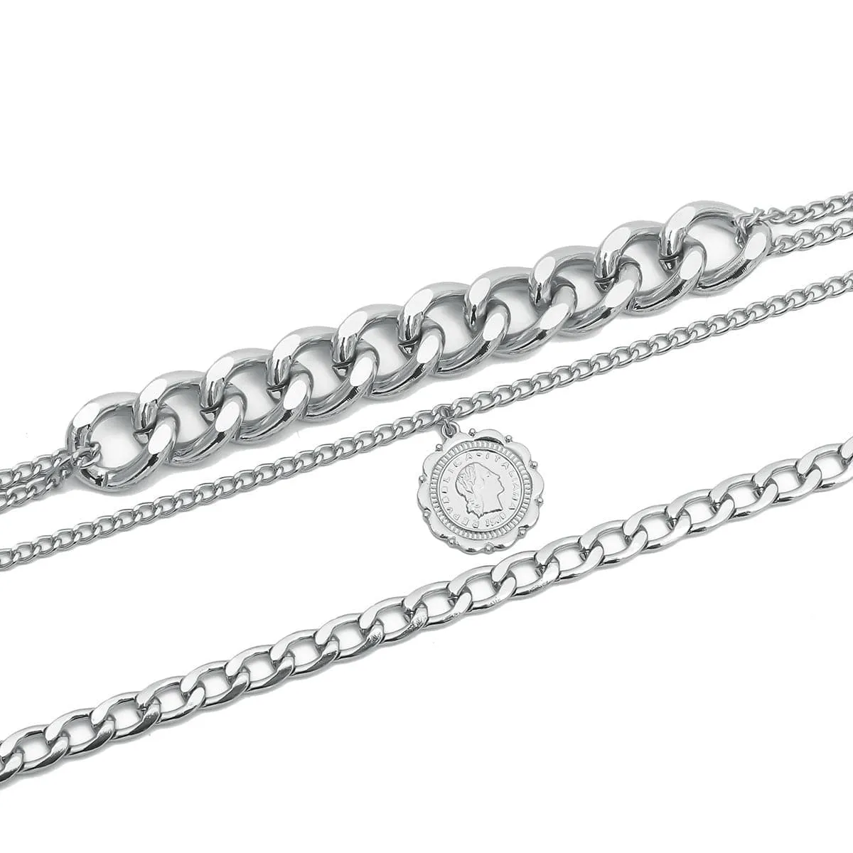 Silver-Plated Figaro Layered Pendant Necklace