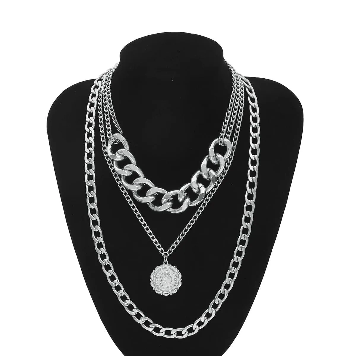 Silver-Plated Figaro Layered Pendant Necklace